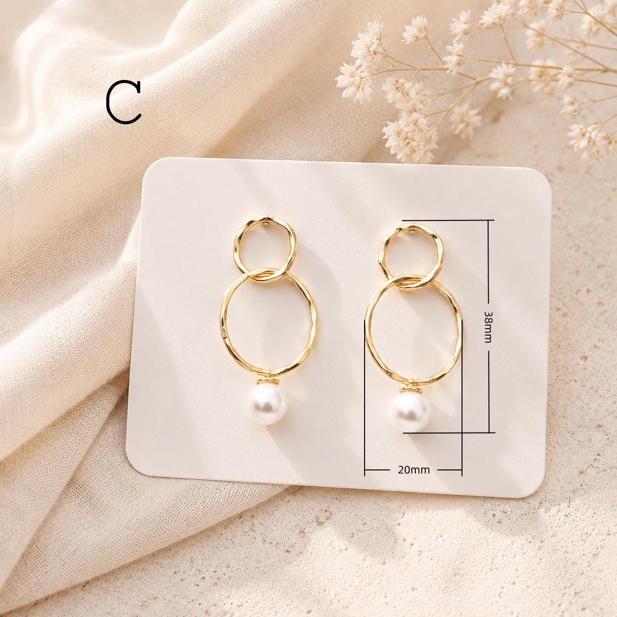 4pcs Asymmetric Glass Pearl Earrings, 18K Gold plated Brass, Asymmetrical Circle Square Earrings (#GB-2941)